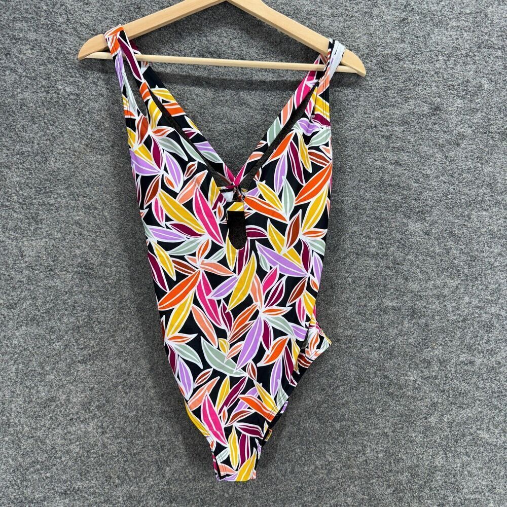 BCBG Swimsuit Women L Large Black Floral Push Up V-Neck Sleeveless One Piece